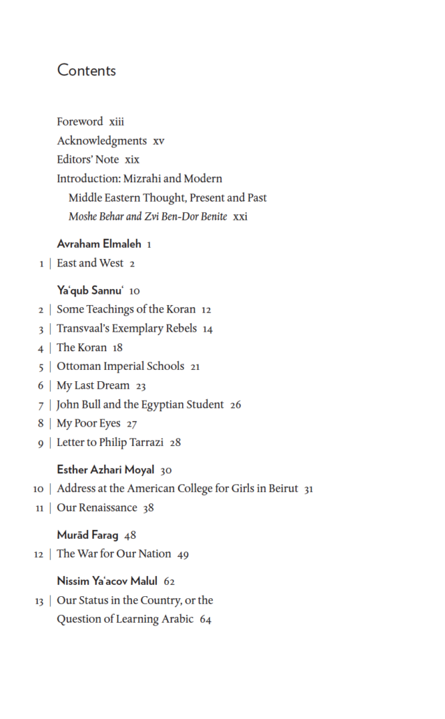 Modern Middle Eastern Jewish Thought Table of Contents Page 1