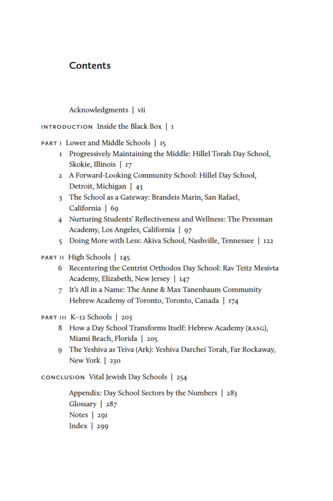 Inside Jewish Day Schools Table of Contents