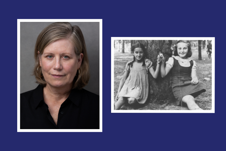 Headshot of author Janine Holc alongside a black and white photo of two young girls