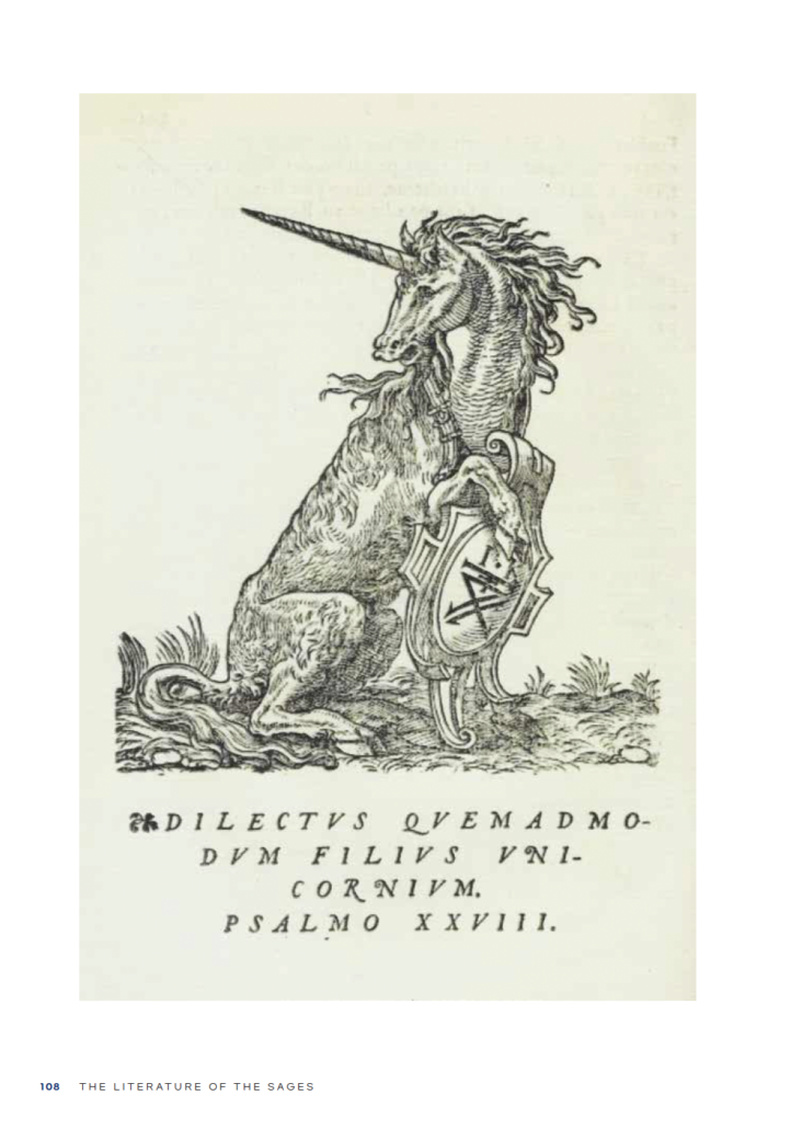 Figure 16.2. One of the many unicorns propping up a shield or heraldic device in Europeanlanguage books, this one from the colophon of Polygraphie et Universelle Escriture Cabalistique de M. I. Tritheme Abbe (Paris: Jacques Kerver, 1561). Library of Congress, Rare Book and Collections Division, Washington, DC.